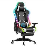 Massage Racing Gaming Chair  Chair with RGB LED Lights-White - Color: White