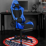 PU Leather Gaming Chair with USB Massage Lumbar Pillow and Footrest -Blue - Color: Blue