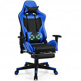 PU Leather Gaming Chair with USB Massage Lumbar Pillow and Footrest -Blue - Color: Blue