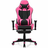 PU Leather Gaming Chair with USB Massage Lumbar Pillow and Footrest -Pink - Color: Pink