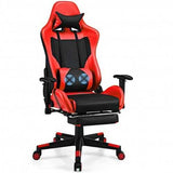 PU Leather Gaming Chair with USB Massage Lumbar Pillow and Footrest-Red - Color: Red