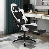 PU Leather Gaming Chair with USB Massage Lumbar Pillow and Footrest-White - Color: White