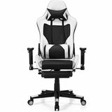 PU Leather Gaming Chair with USB Massage Lumbar Pillow and Footrest-White - Color: White