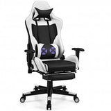 PU Leather Gaming Chair with USB Massage Lumbar Pillow and Footrest-White - Color: White